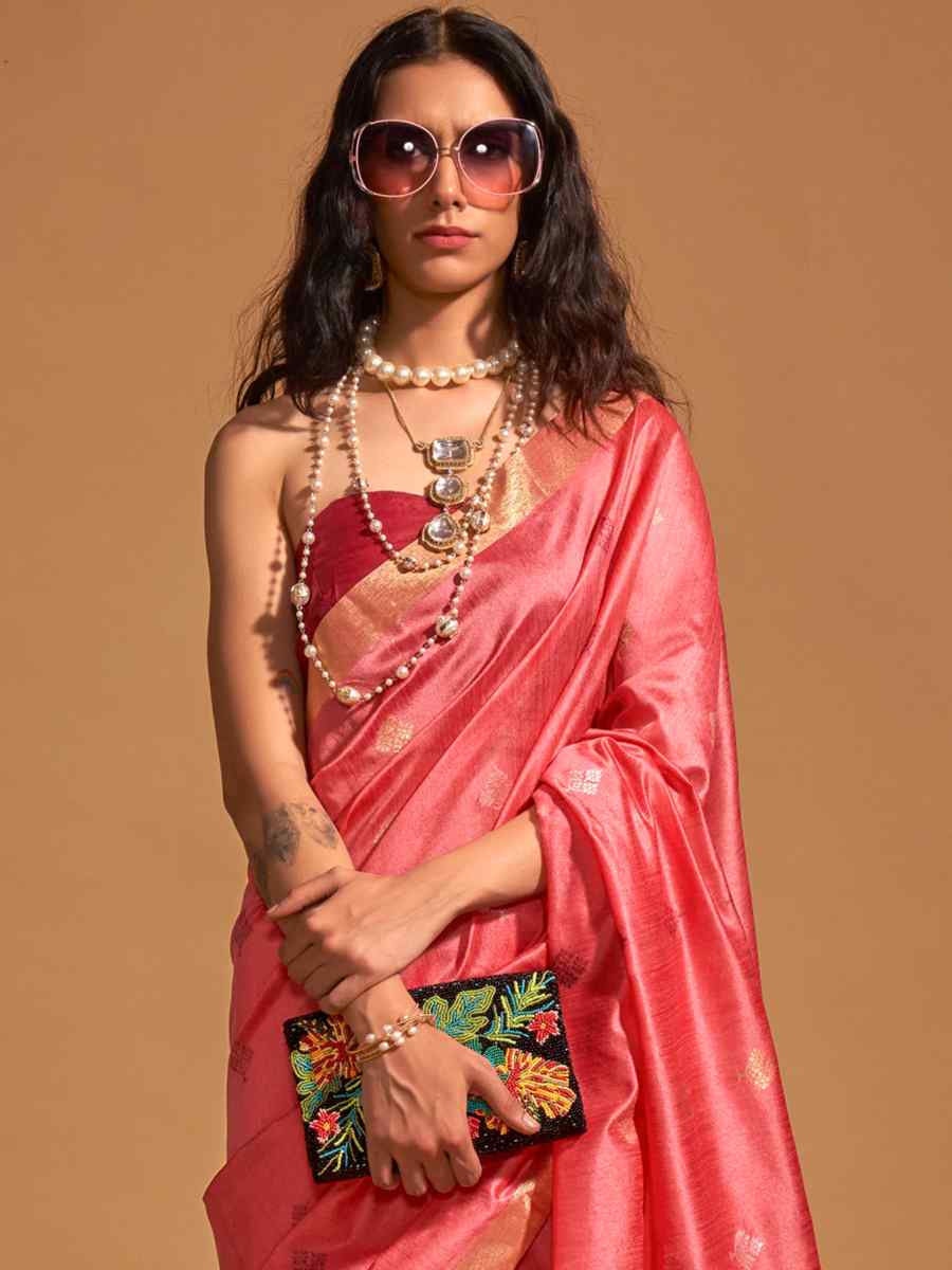 Peach Handloom Silk Handwoven Casual Festival Classic Style Saree