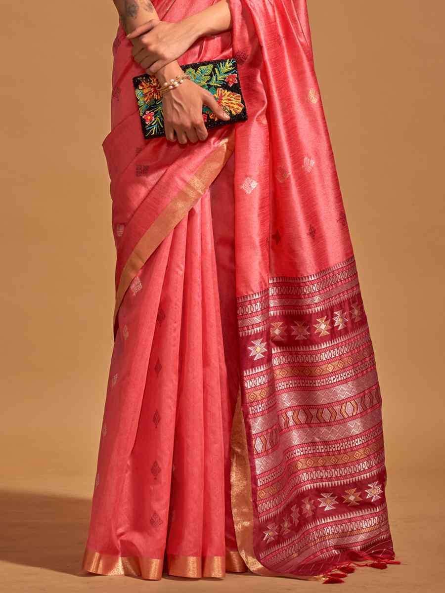 Peach Handloom Silk Handwoven Casual Festival Classic Style Saree