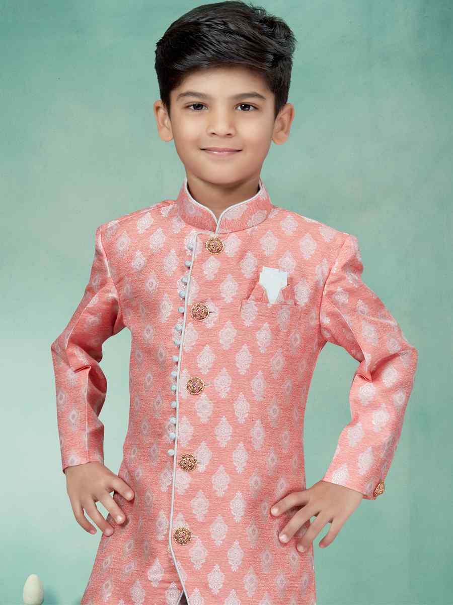Peach Heavy Banarasi Jacquard Embroidered Party Festival Kurta Pyjama Boys Wear