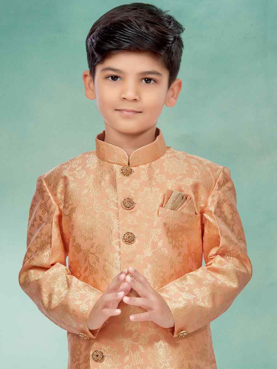 Peach Heavy Banarasi Jacquard Embroidered Party Festival Kurta Pyjama Boys Wear