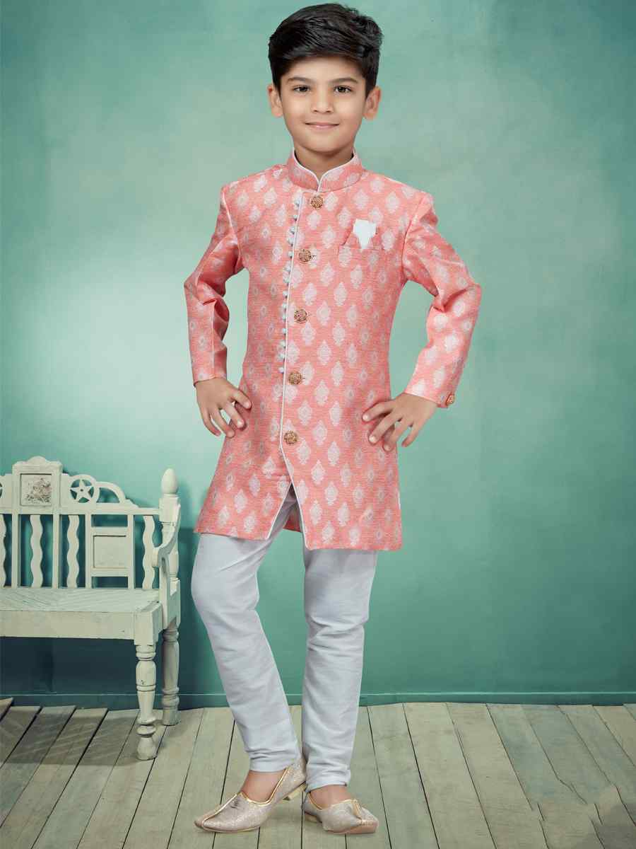 Peach Heavy Banarasi Jacquard Embroidered Party Festival Kurta Pyjama Boys Wear