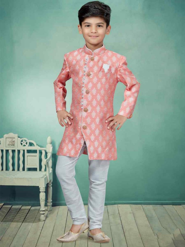 Peach Heavy Banarasi Jacquard Embroidered Party Festival Kurta Pyjama Boys Wear