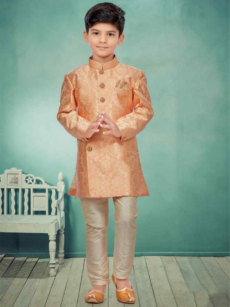 Peach Heavy Banarasi Jacquard Embroidered Party Festival Kurta Pyjama Boys Wear