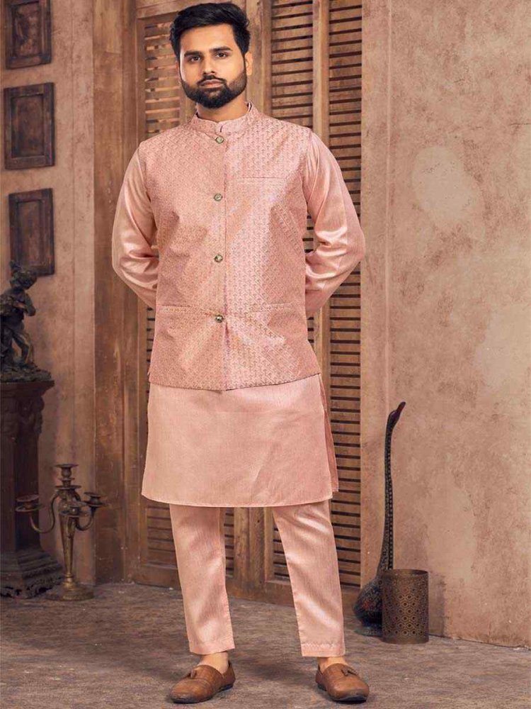 Peach Heavy Banglori Silk Embroidered Festival Party Kurta