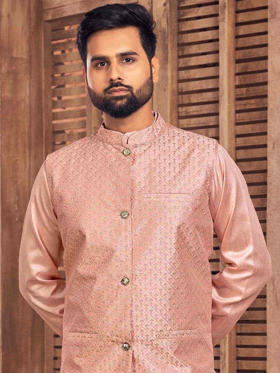 Peach Heavy Banglori Silk Embroidered Festival Party Kurta