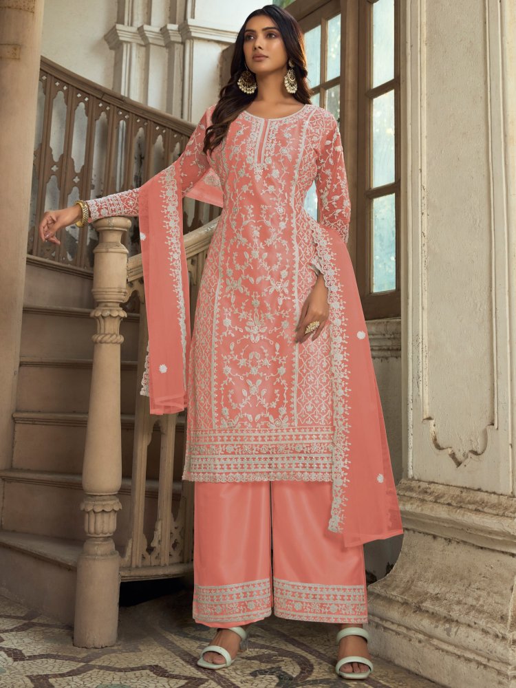 Peach Heavy Butterfly Net Embroidered Festival Party Engagement Pant Salwar Kameez