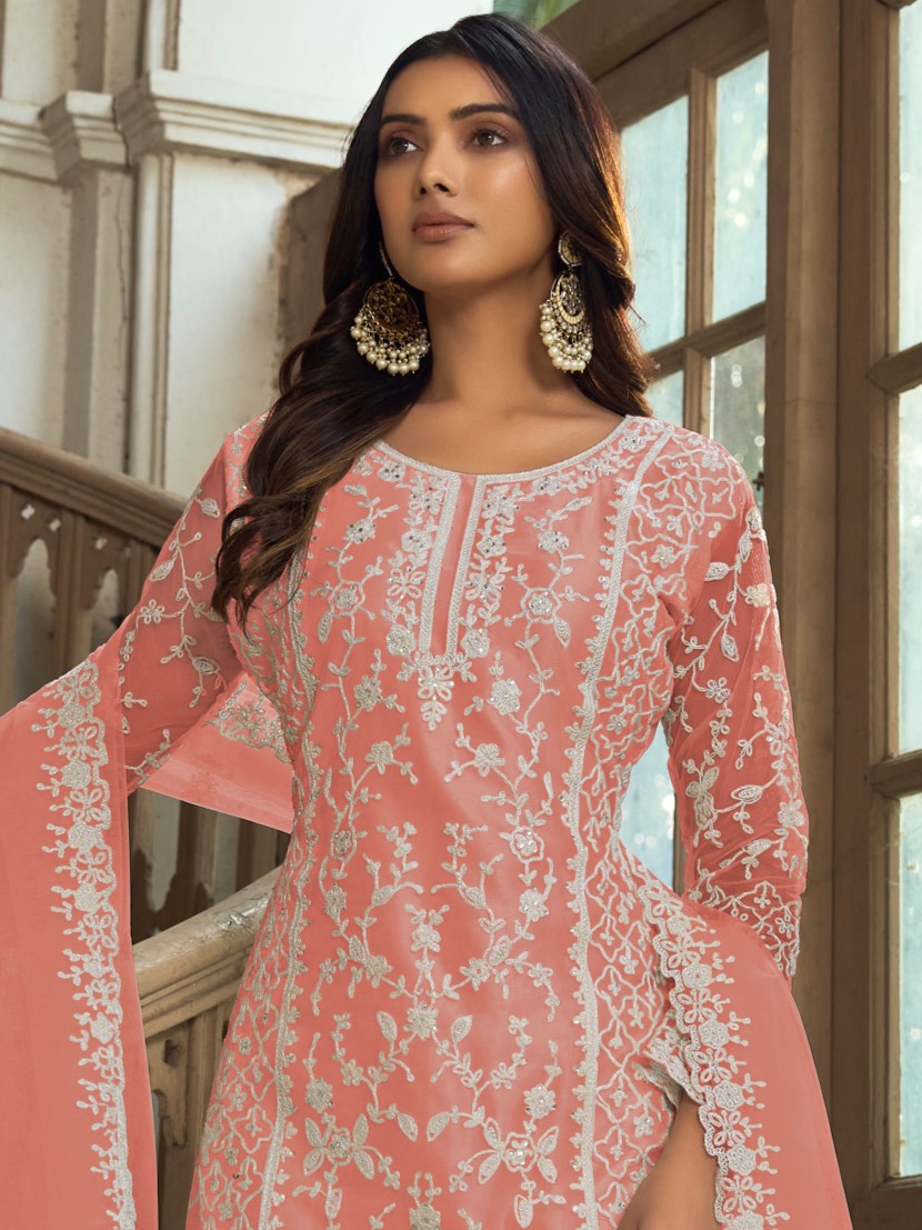 Peach Heavy Butterfly Net Embroidered Festival Party Engagement Pant Salwar Kameez