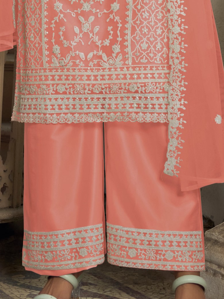 Peach Heavy Butterfly Net Embroidered Festival Party Engagement Pant Salwar Kameez