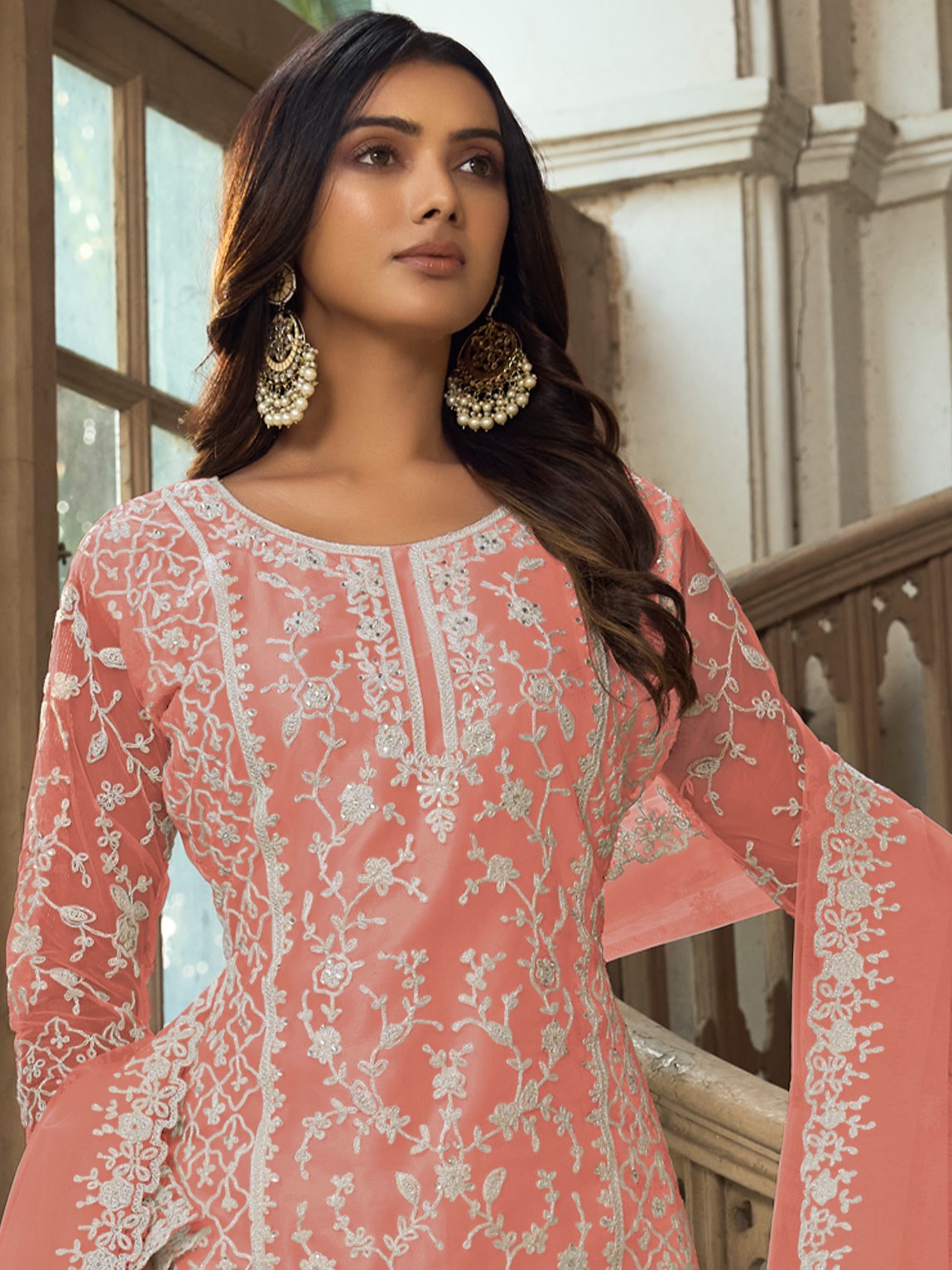 Peach Heavy Butterfly Net Embroidered Festival Party Engagement Pant Salwar Kameez