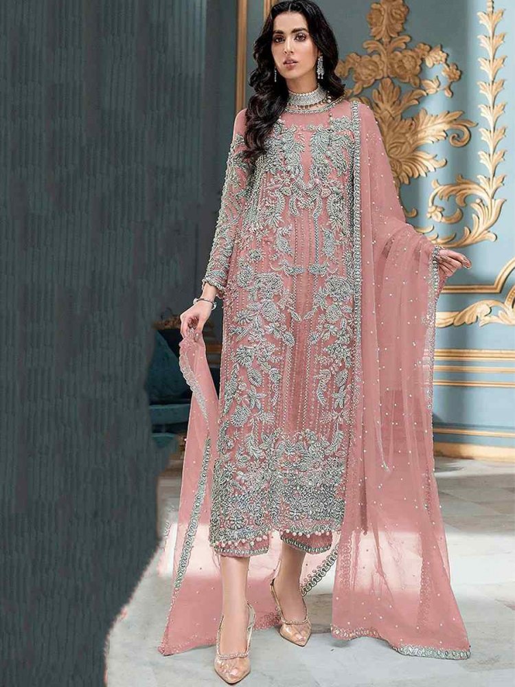 Peach Heavy Butterfly Net Embroidered Festival Party Pant Salwar Kameez
