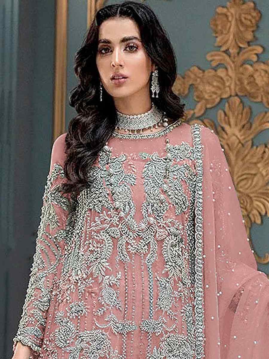 Peach Heavy Butterfly Net Embroidered Festival Party Pant Salwar Kameez