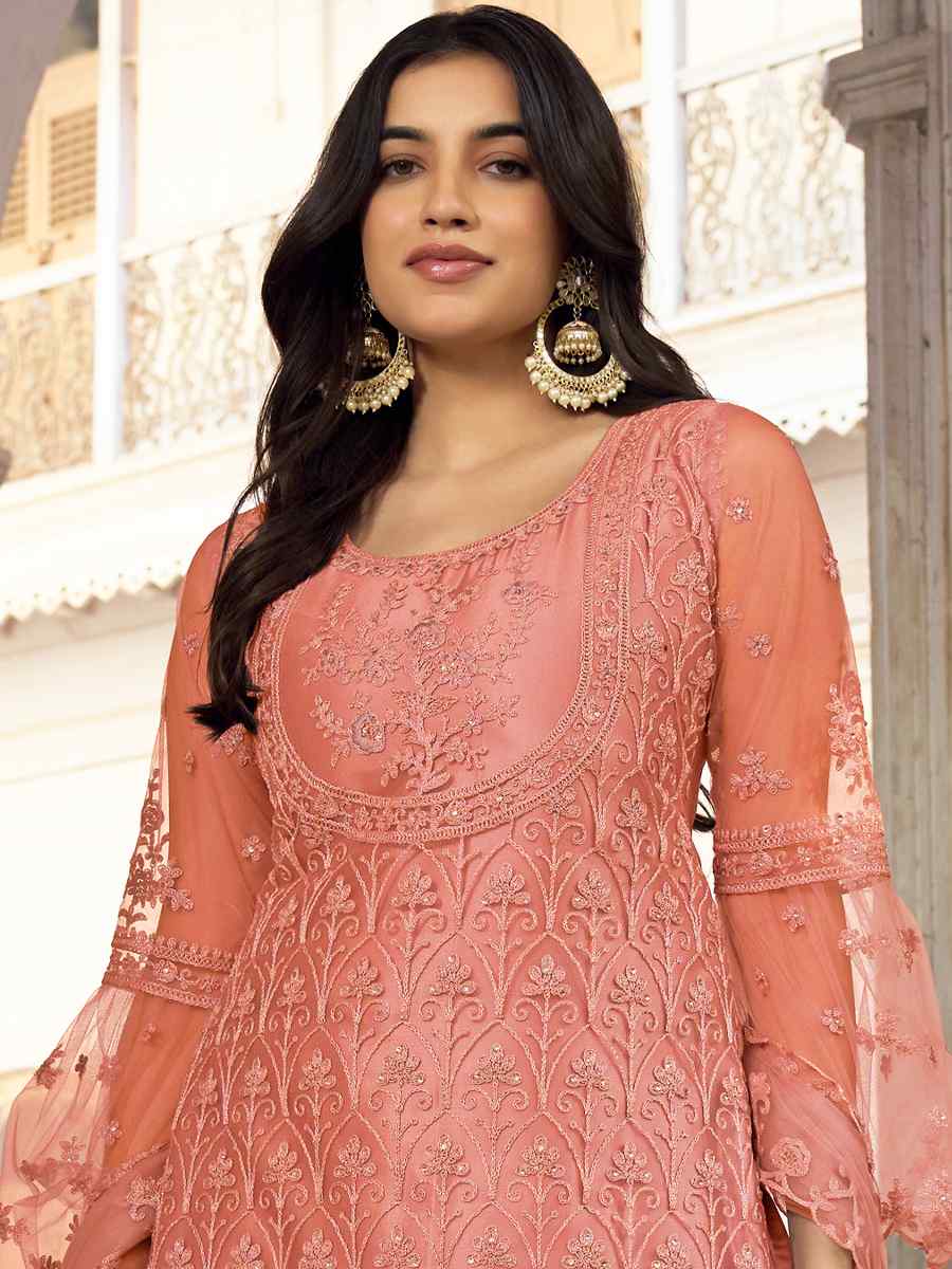 Peach Heavy Butterfly Net Embroidered Festival Wedding Pant Salwar Kameez