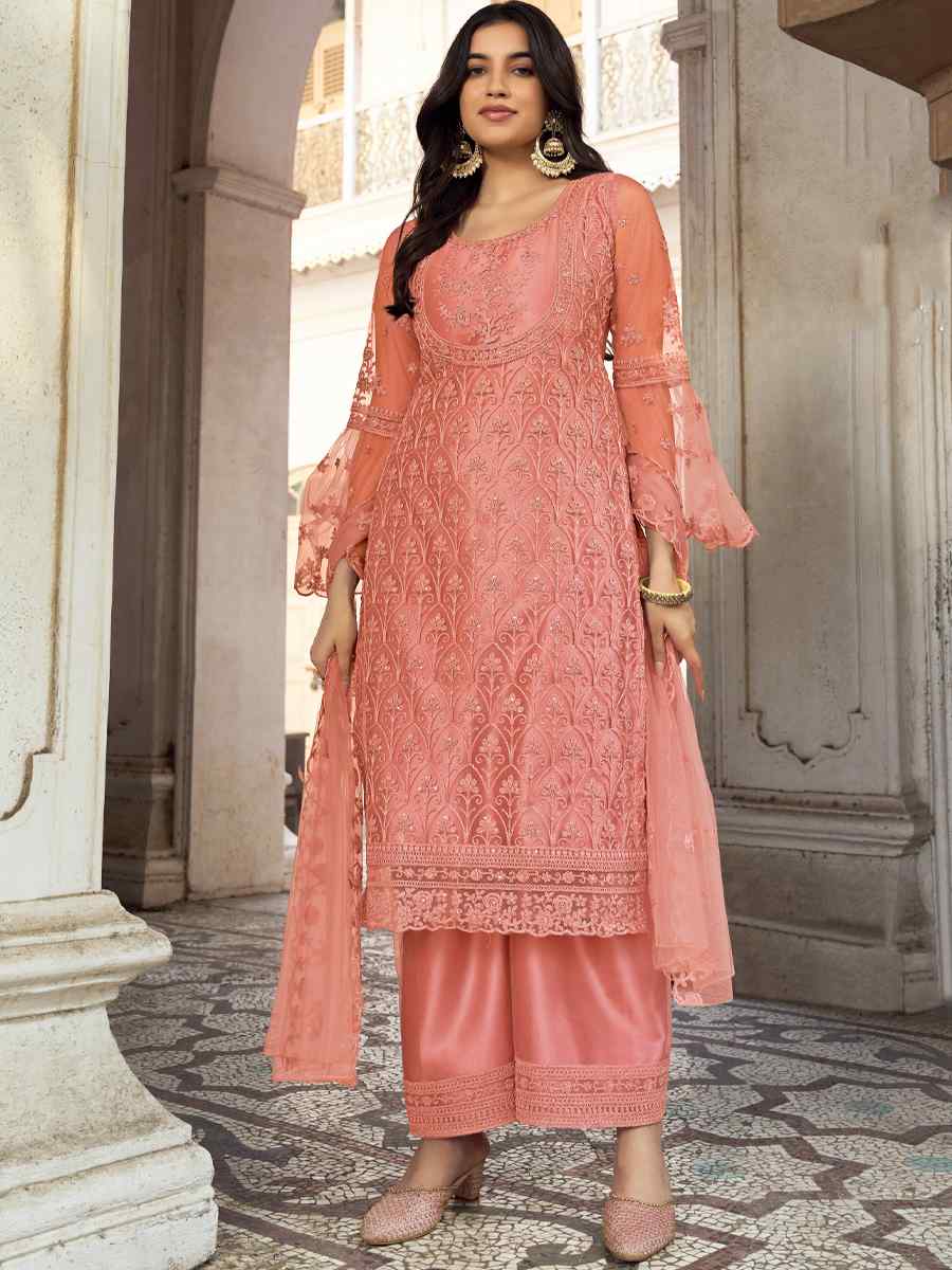 Peach Heavy Butterfly Net Embroidered Festival Wedding Pant Salwar Kameez