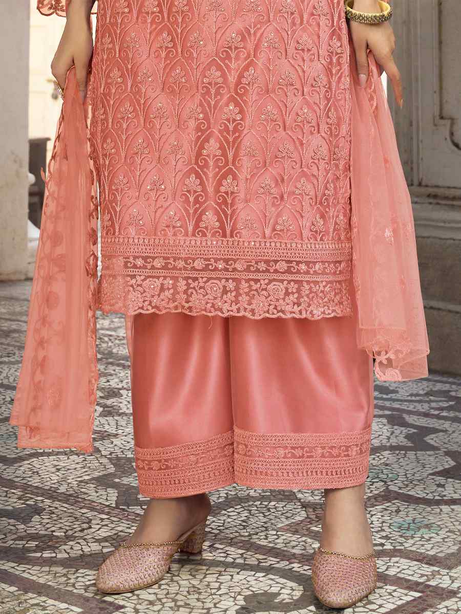 Peach Heavy Butterfly Net Embroidered Festival Wedding Pant Salwar Kameez