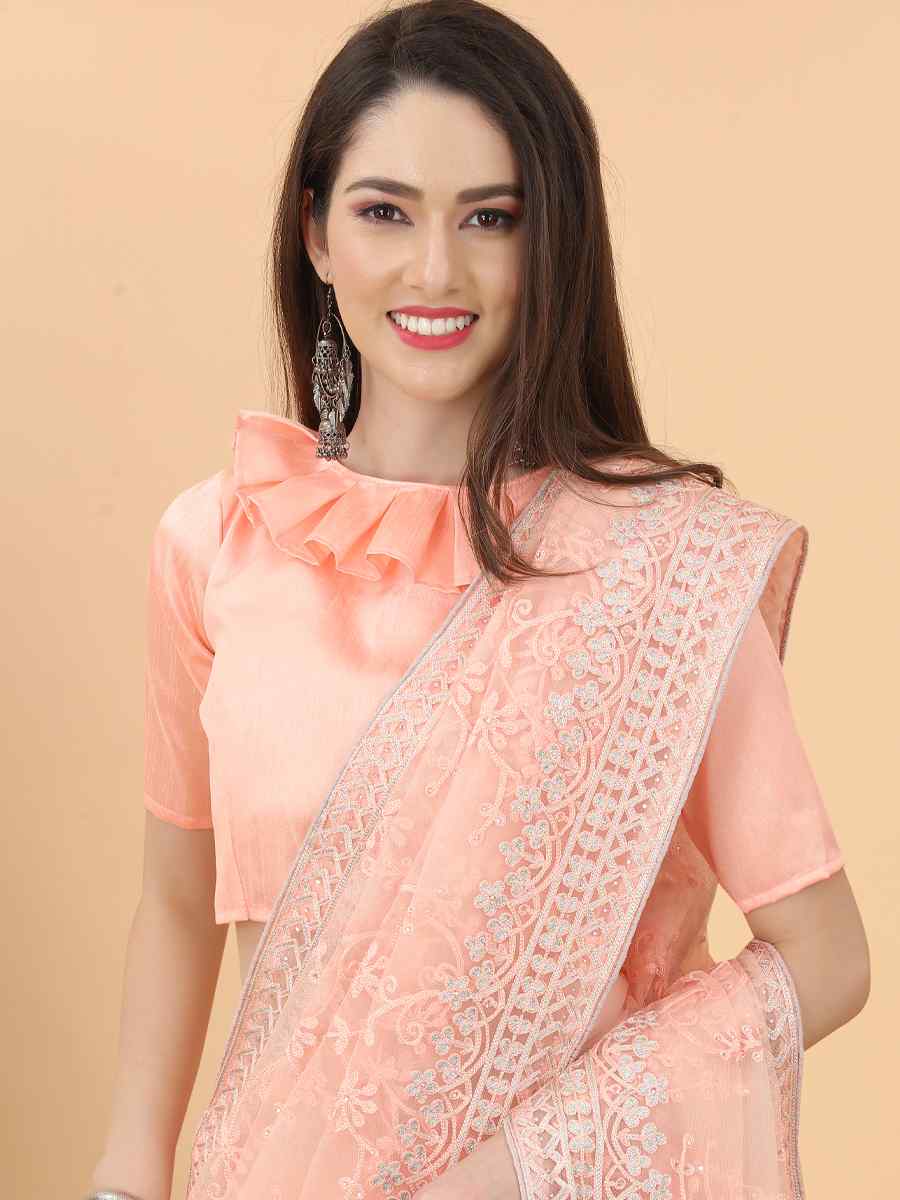 Peach Heavy Butterfly Net Embroidered Party Festival Heavy Border Saree
