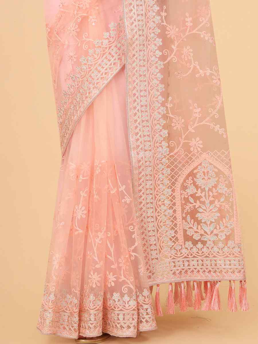 Peach Heavy Butterfly Net Embroidered Party Festival Heavy Border Saree