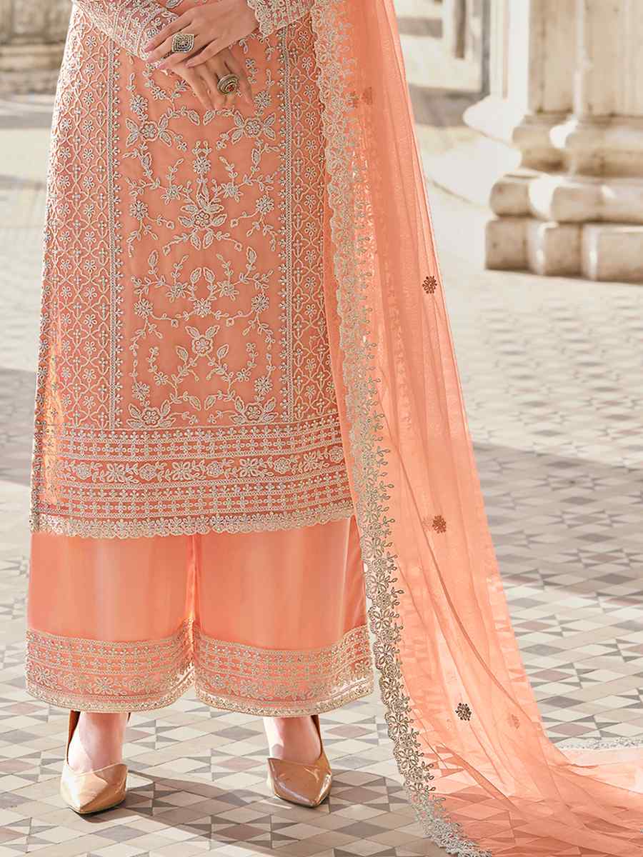 Peach Heavy Butterfly Net Embroidered Party Palazzo Pant Salwar Kameez