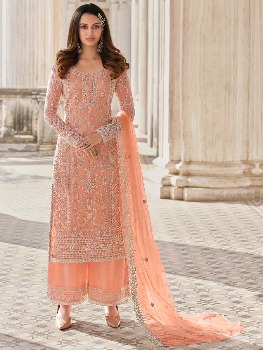 Peach Heavy Butterfly Net Embroidered Party Palazzo Pant Salwar Kameez