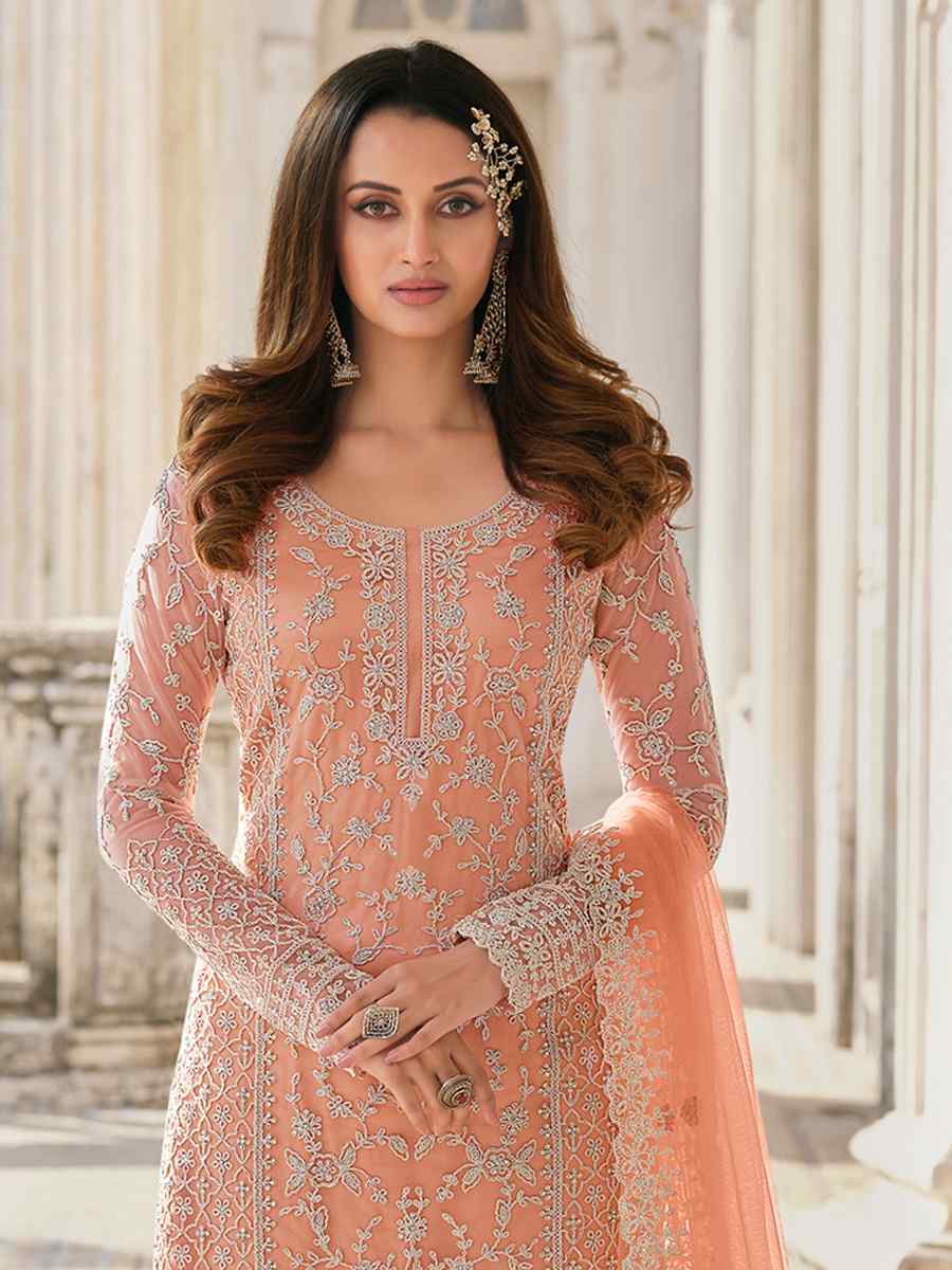 Peach Heavy Butterfly Net Embroidered Party Palazzo Pant Salwar Kameez