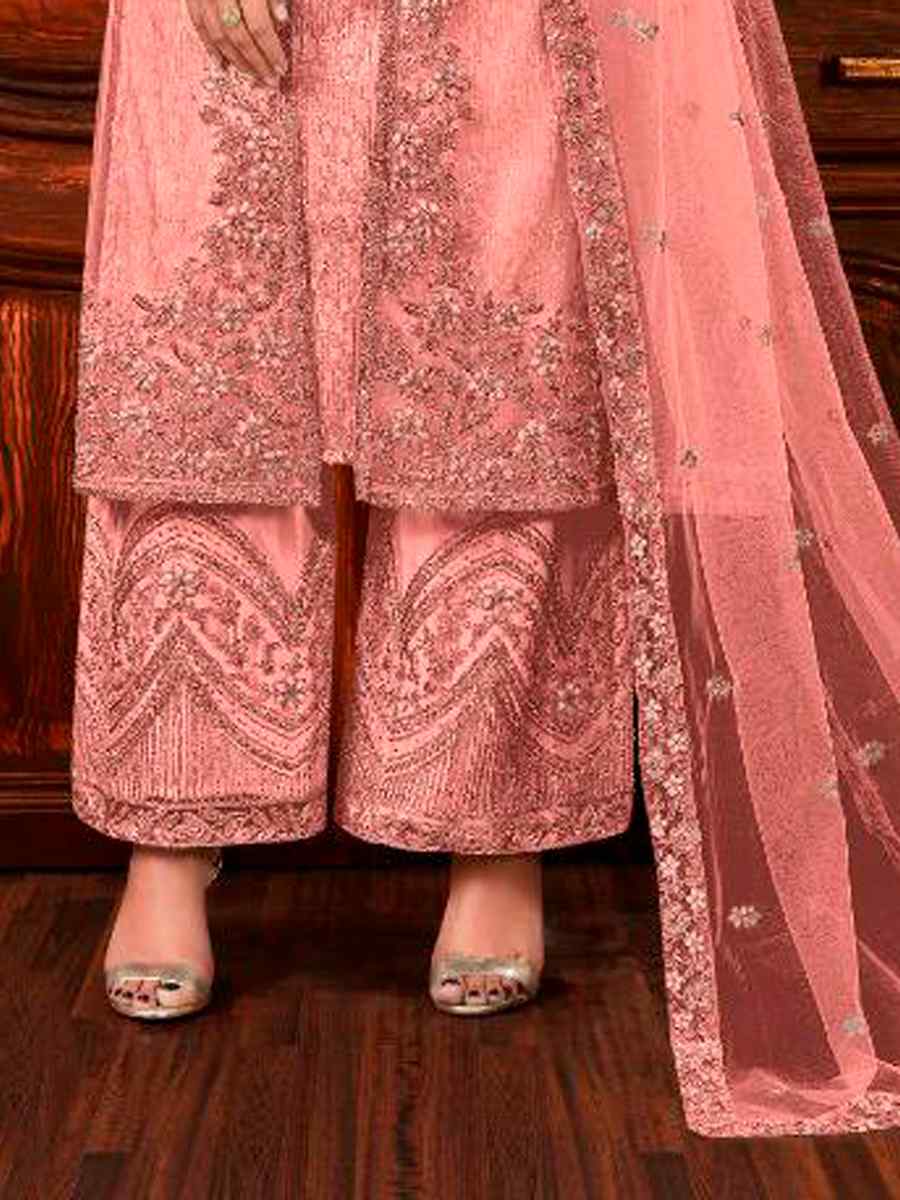 Peach Heavy Butterfly Net Embroidered Wedding Engagement Palazzo Pant Salwar Kameez