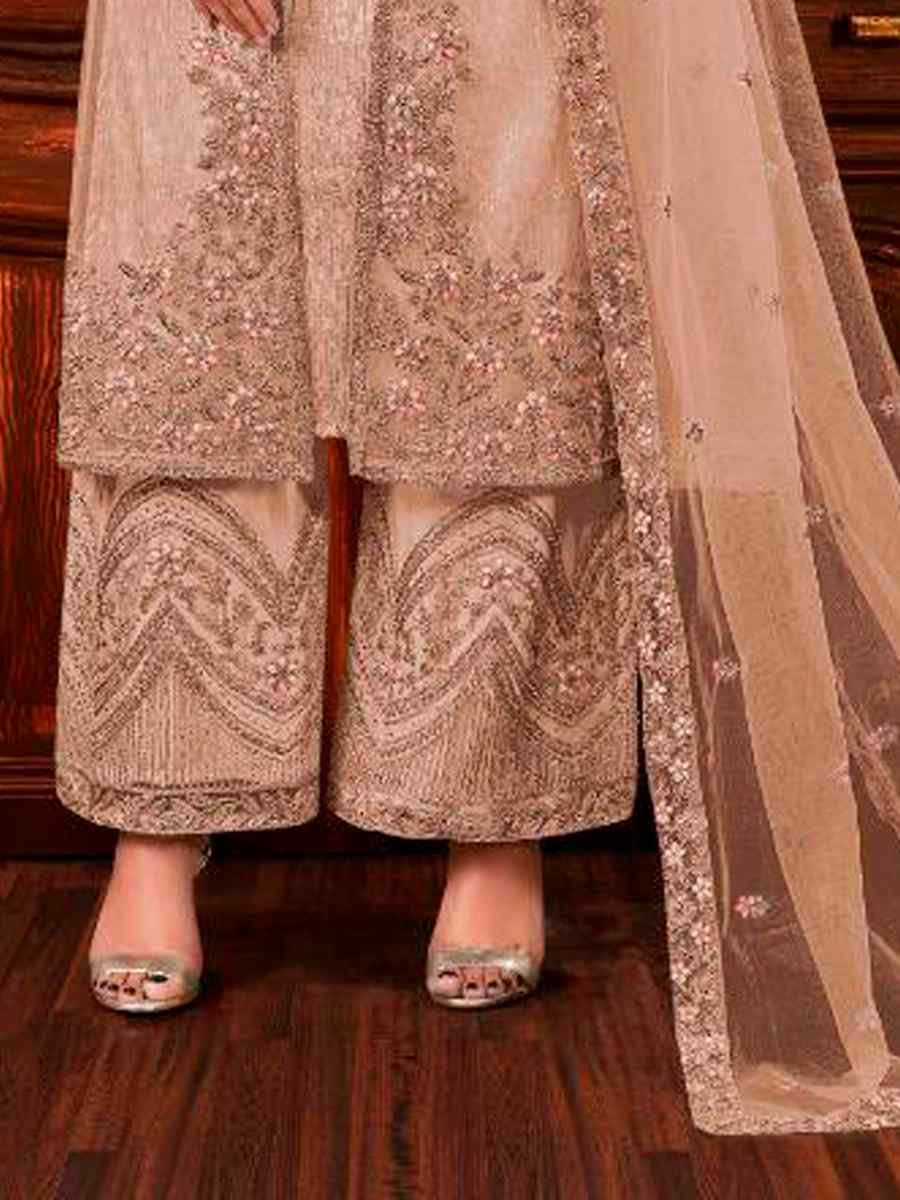 Beige Heavy Butterfly Net Embroidered Wedding Engagement Palazzo Pant Salwar Kameez