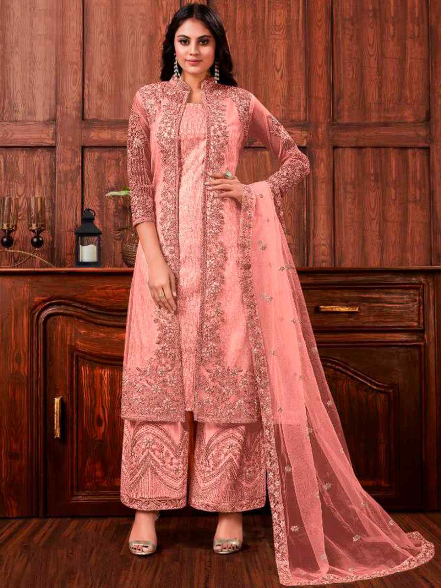 Peach Heavy Butterfly Net Embroidered Wedding Engagement Palazzo Pant Salwar Kameez