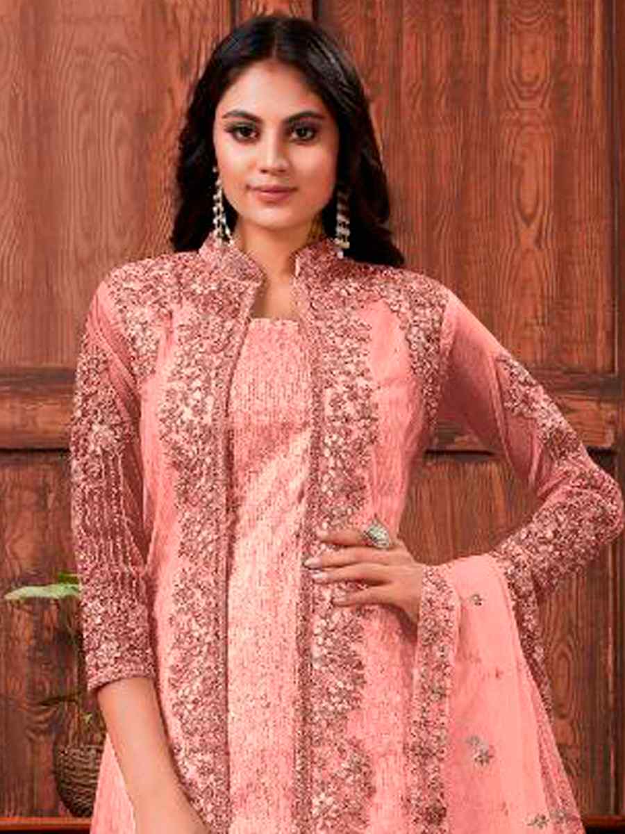 Peach Heavy Butterfly Net Embroidered Wedding Engagement Palazzo Pant Salwar Kameez