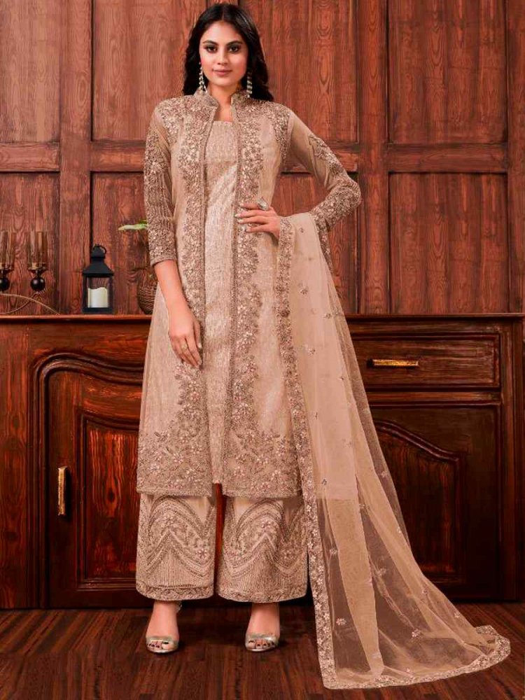 Beige Heavy Butterfly Net Embroidered Wedding Engagement Palazzo Pant Salwar Kameez