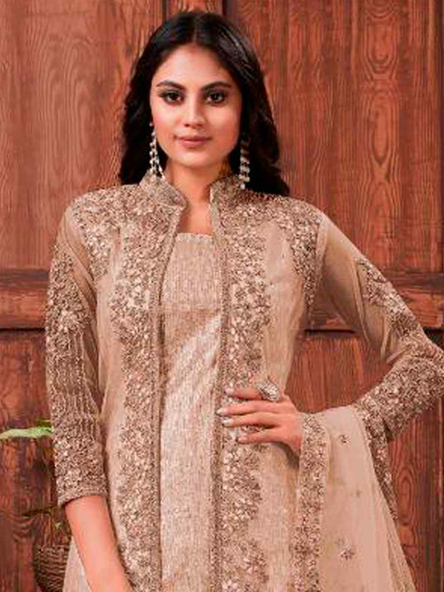 Beige Heavy Butterfly Net Embroidered Wedding Engagement Palazzo Pant Salwar Kameez