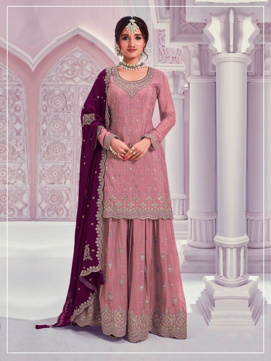 Peach Heavy Chinon Embroidery Wedding Party Festival Casual Sharara Pant Salwar Kameez