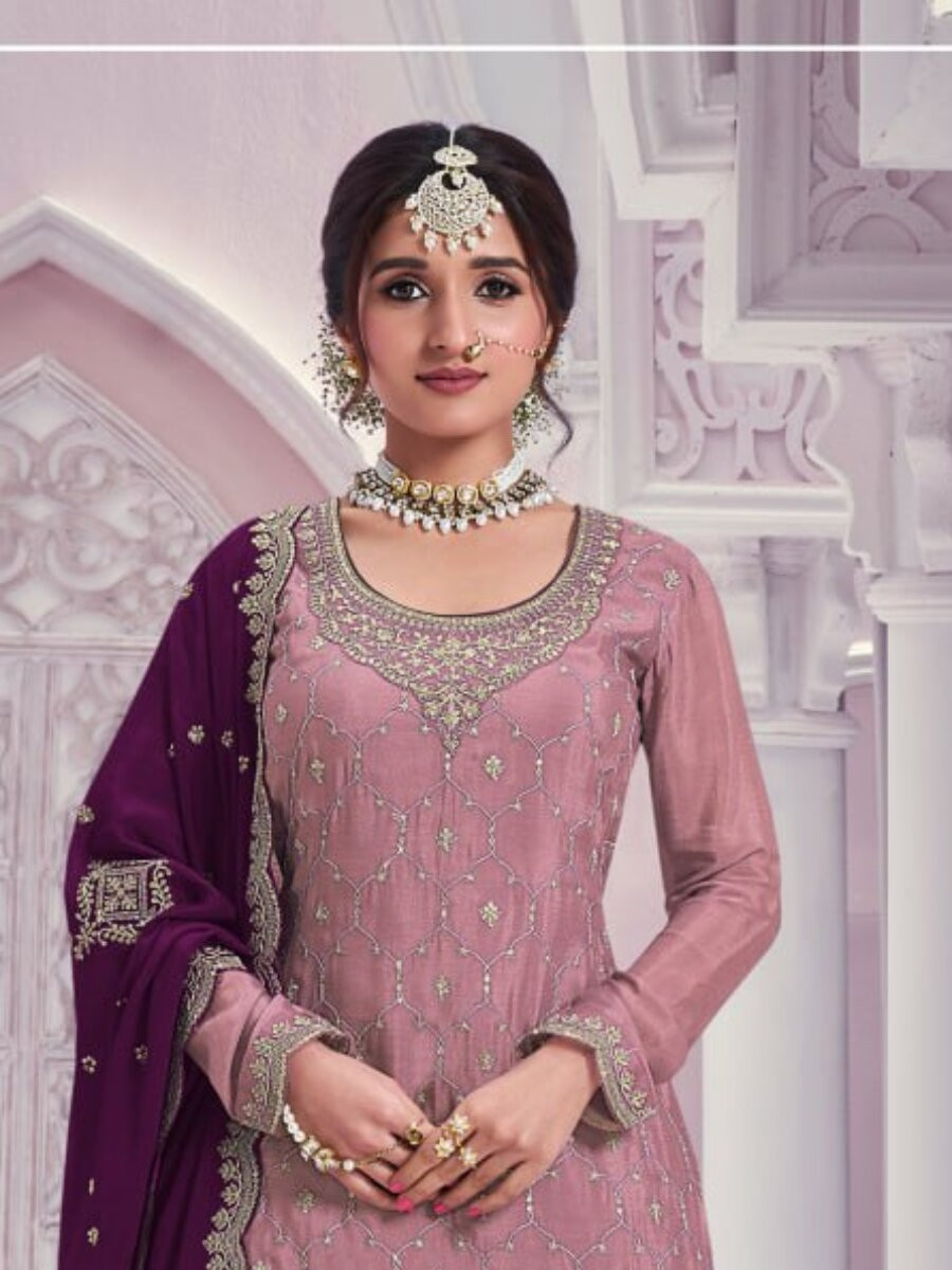Peach Heavy Chinon Embroidery Wedding Party Festival Casual Sharara Pant Salwar Kameez