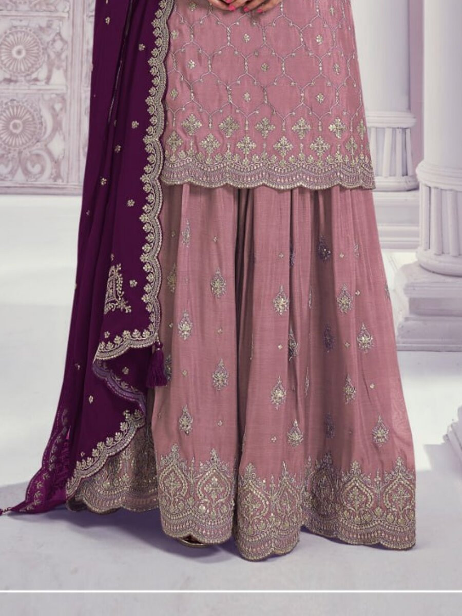 Peach Heavy Chinon Embroidery Wedding Party Festival Casual Sharara Pant Salwar Kameez