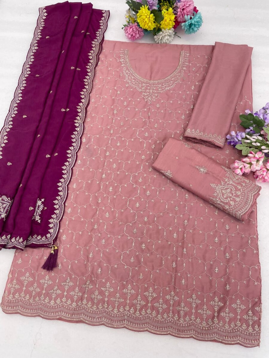 Peach Heavy Chinon Embroidery Wedding Party Festival Casual Sharara Pant Salwar Kameez