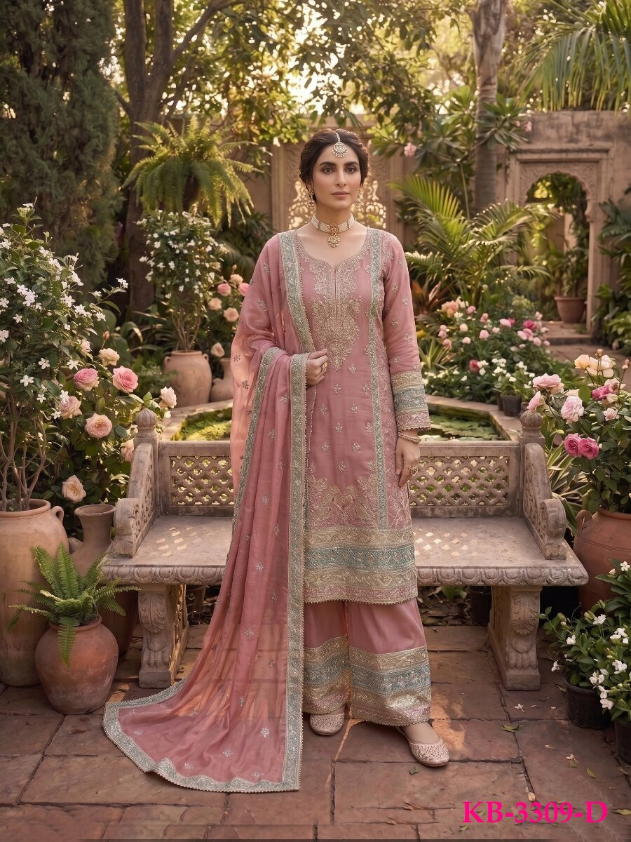 Peach Heavy Chinon Embroidery Zari Wedding Party Festival Casual Palazzo Pant Salwar Kameez