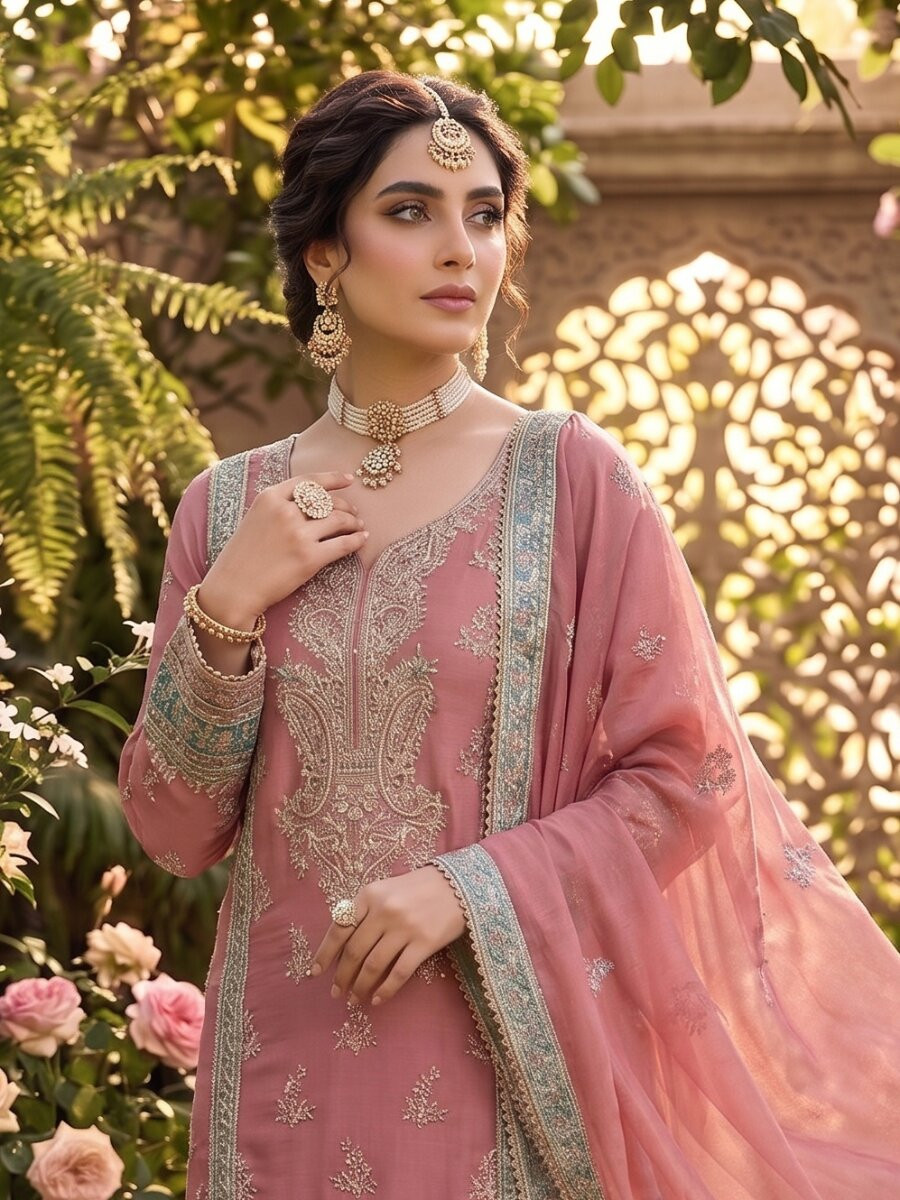 Peach Heavy Chinon Embroidery Zari Wedding Party Festival Casual Palazzo Pant Salwar Kameez