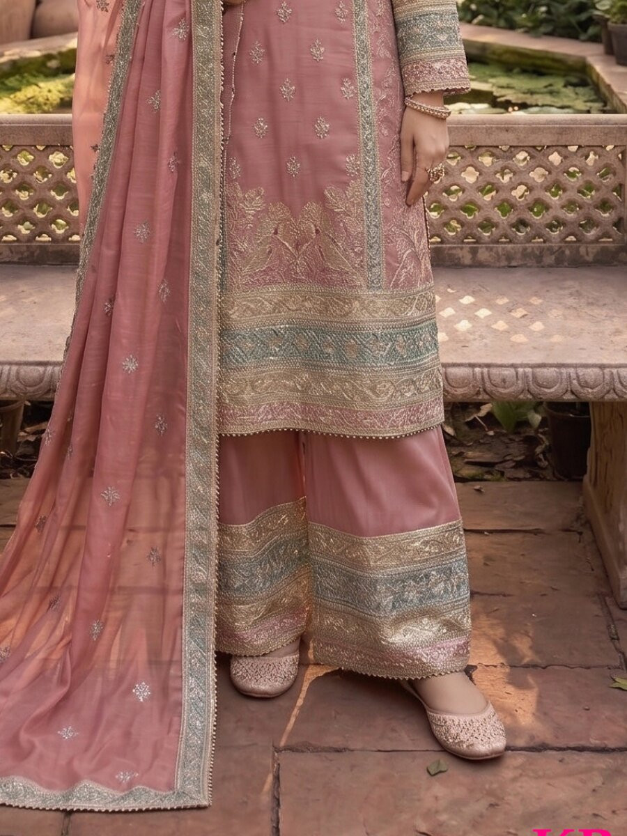 Peach Heavy Chinon Embroidery Zari Wedding Party Festival Casual Palazzo Pant Salwar Kameez