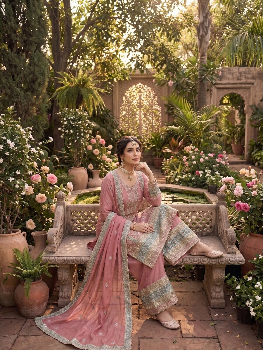 Peach Heavy Chinon Embroidery Zari Wedding Party Festival Casual Palazzo Pant Salwar Kameez