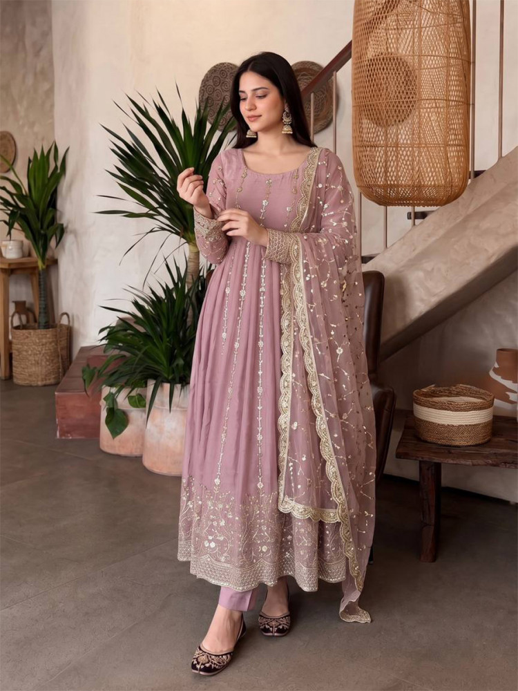 Image of Peach Heavy Fandy Silk Embroidery Sequins Zari Wedding Party Festival Casual Ready Anarkali Pant Salwar Kameez