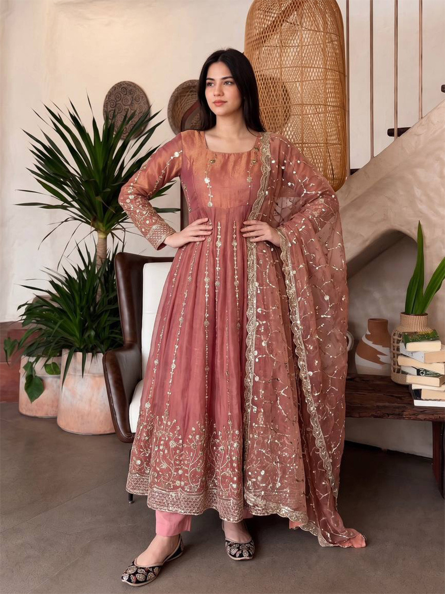 Peach Heavy Fandy Silk Embroidery Sequins Zari Wedding Party Festival Casual Ready Anarkali Pant Salwar Kameez