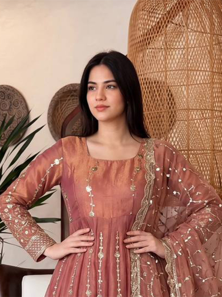Peach Heavy Fandy Silk Embroidery Sequins Zari Wedding Party Festival Casual Ready Anarkali Pant Salwar Kameez