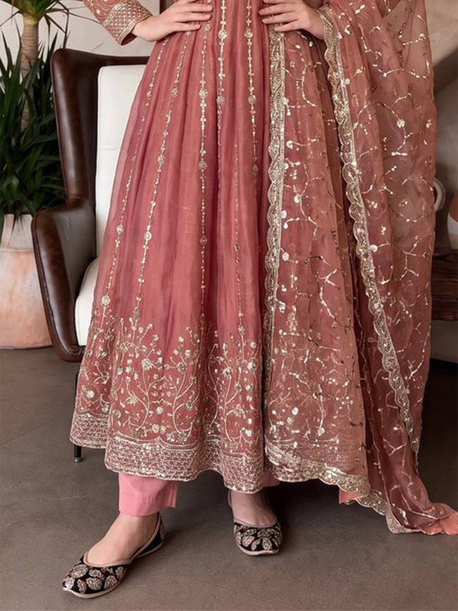 Peach Heavy Fandy Silk Embroidery Sequins Zari Wedding Party Festival Casual Ready Anarkali Pant Salwar Kameez