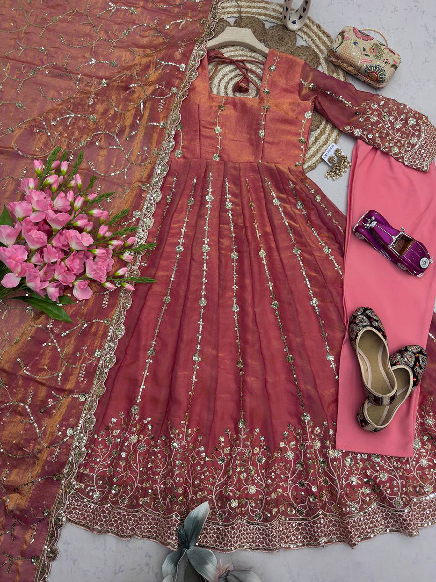 Peach Heavy Fandy Silk Embroidery Sequins Zari Wedding Party Festival Casual Ready Anarkali Pant Salwar Kameez