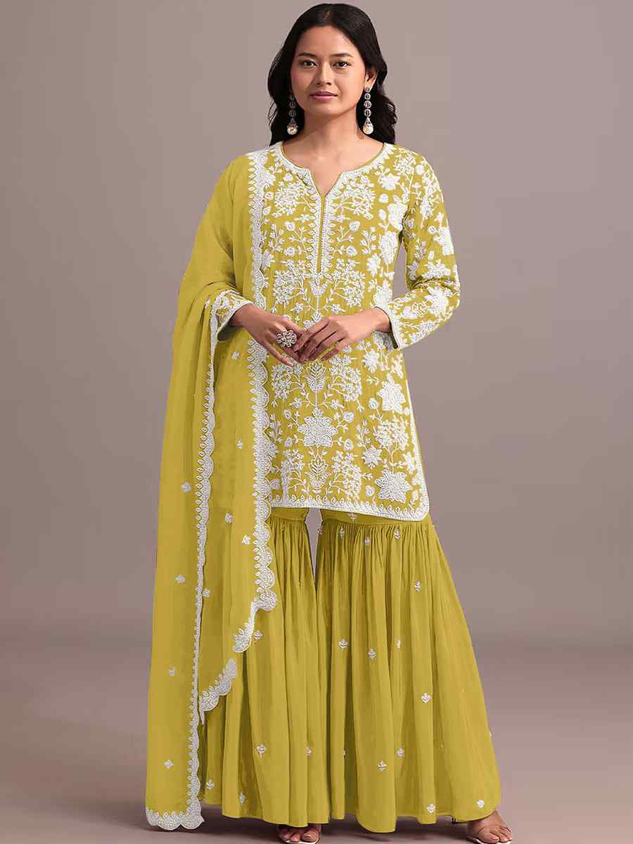 Peach Heavy Faux Georgette Embroidered Festival Mehendi Sharara Pant Salwar Kameez