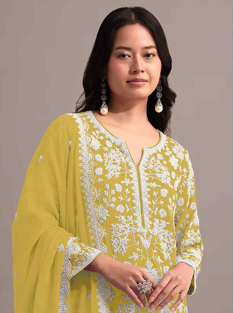 Peach Heavy Faux Georgette Embroidered Festival Mehendi Sharara Pant Salwar Kameez