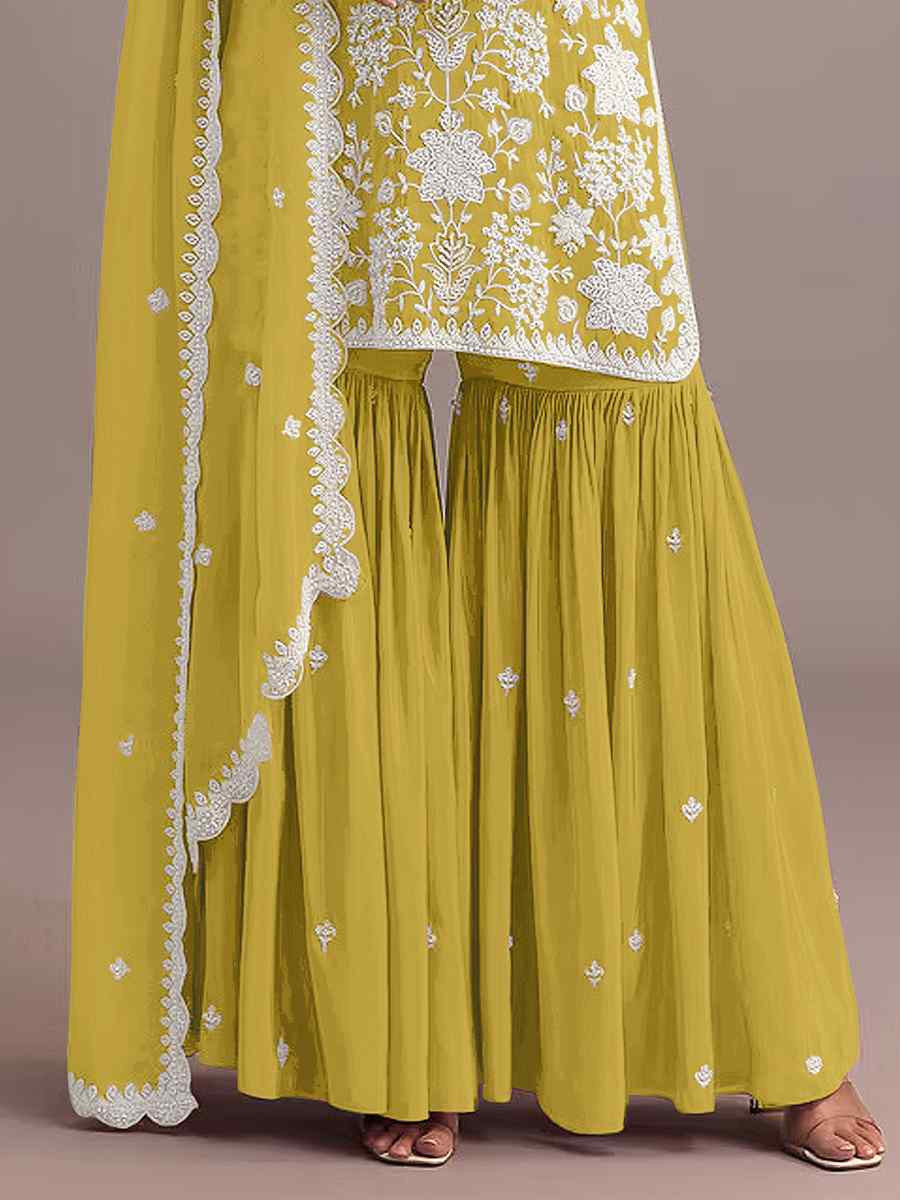 Peach Heavy Faux Georgette Embroidered Festival Mehendi Sharara Pant Salwar Kameez