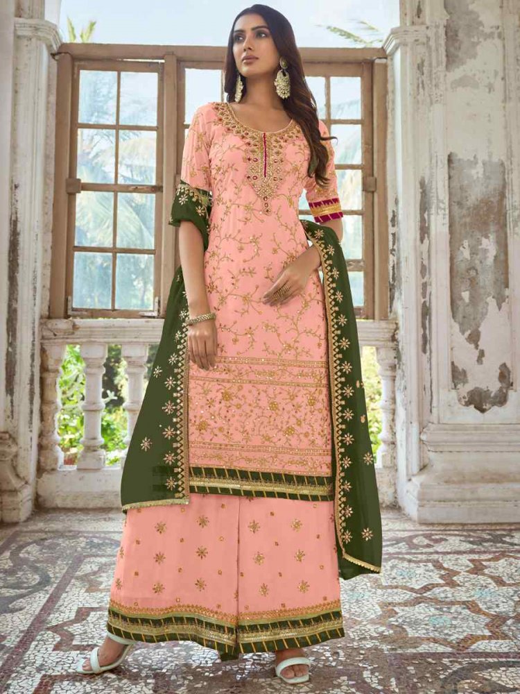 Peach Heavy Faux Georgette Embroidered Festival Wedding Palazzo Pant Salwar Kameez