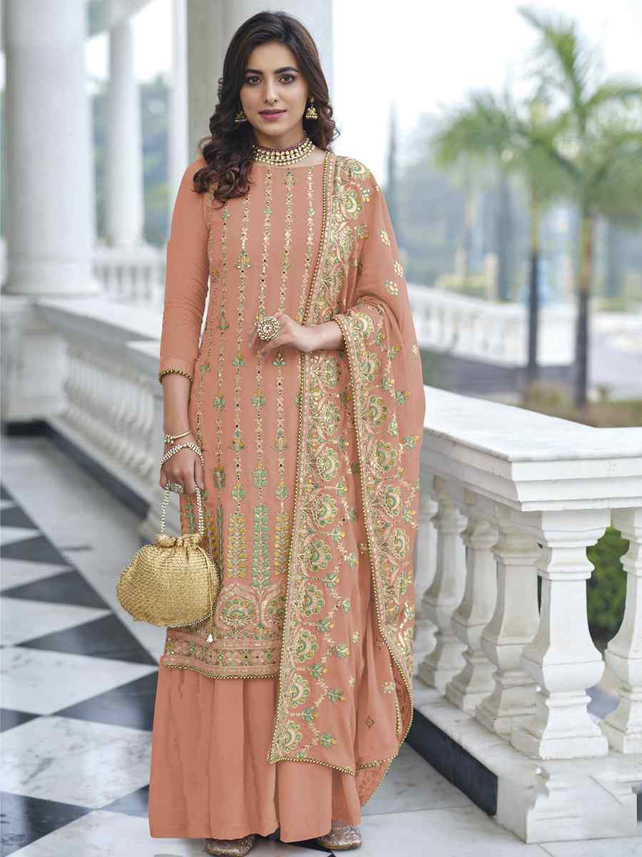 Peach Heavy Faux Georgette Embroidered Festival Wedding Palazzo Pant Salwar Kameez