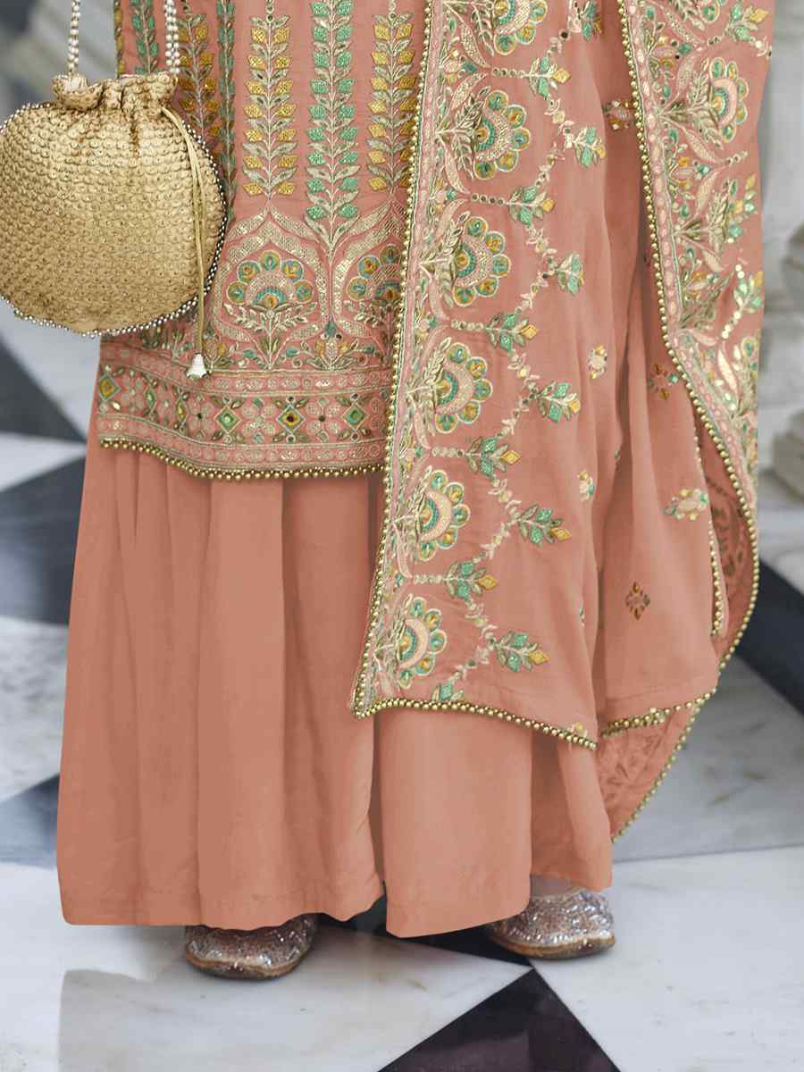 Peach Heavy Faux Georgette Embroidered Festival Wedding Palazzo Pant Salwar Kameez