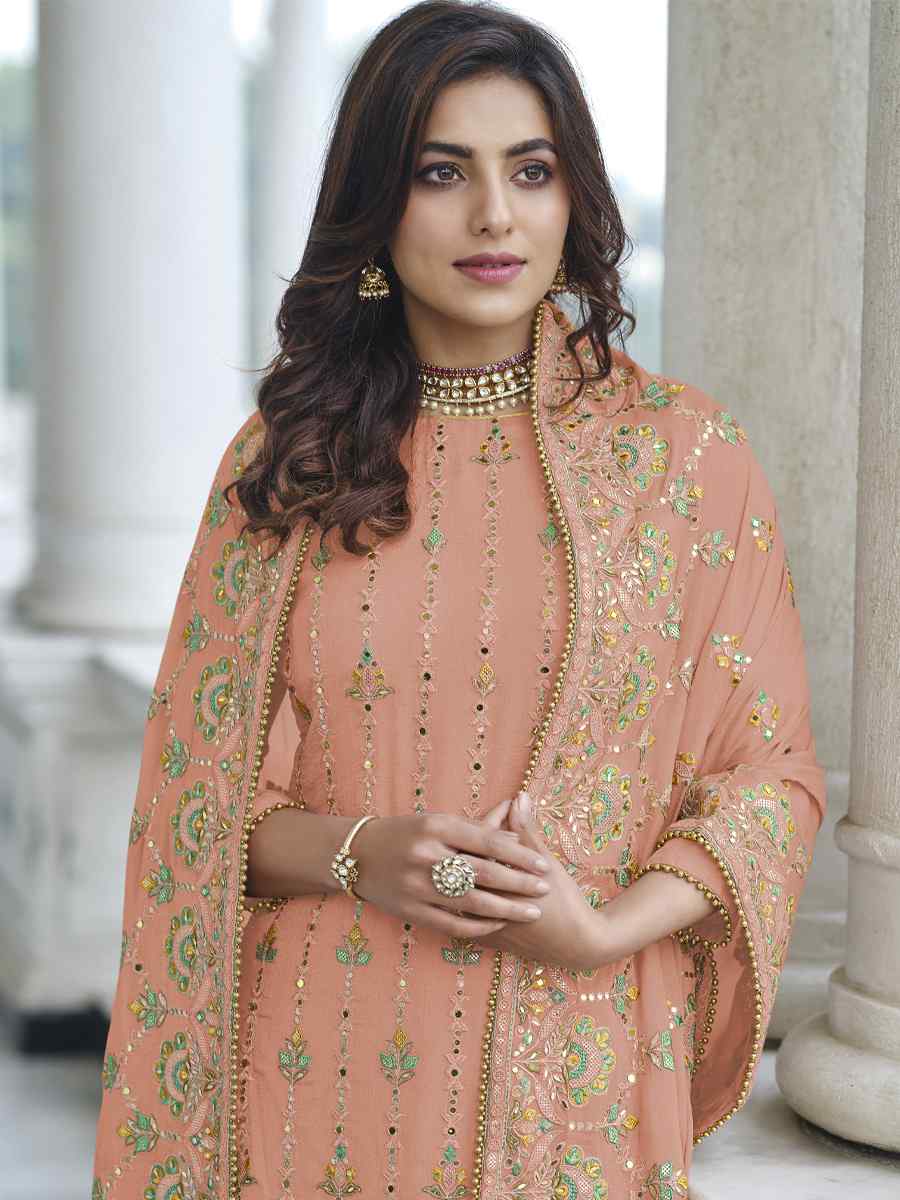 Peach Heavy Faux Georgette Embroidered Festival Wedding Palazzo Pant Salwar Kameez