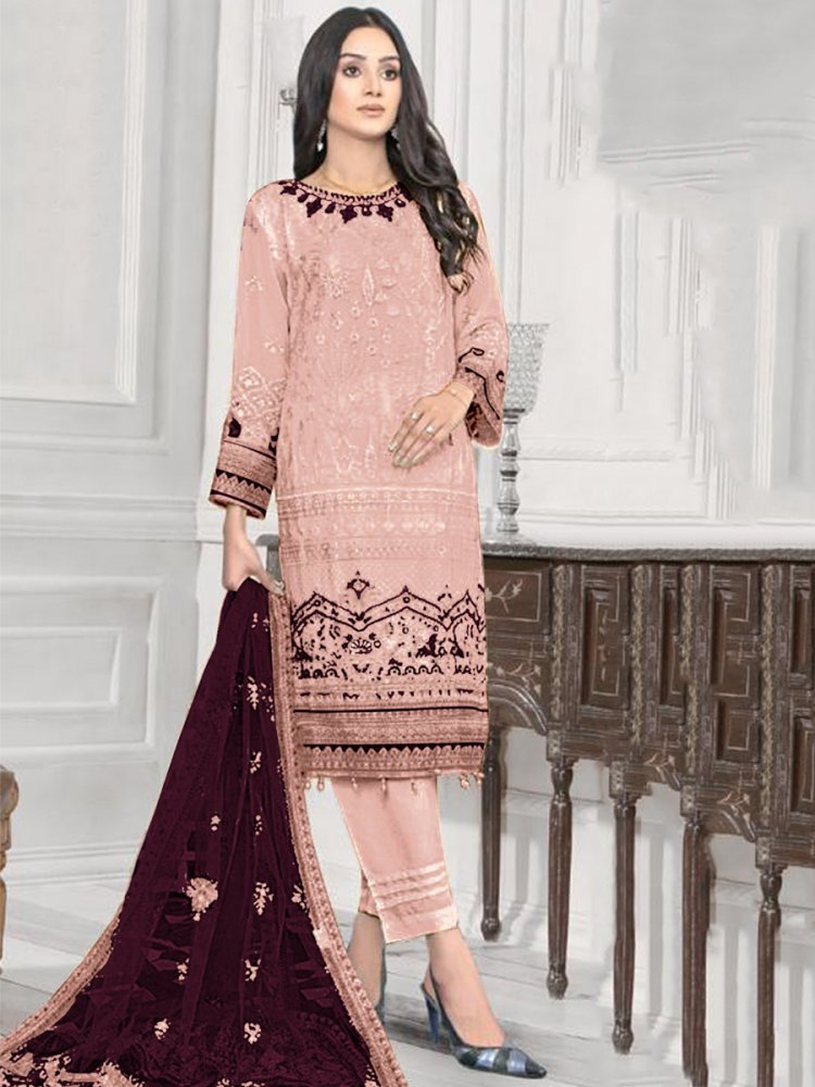 Peach Heavy Faux Georgette Embroidered Festival Wedding Pant Salwar Kameez
